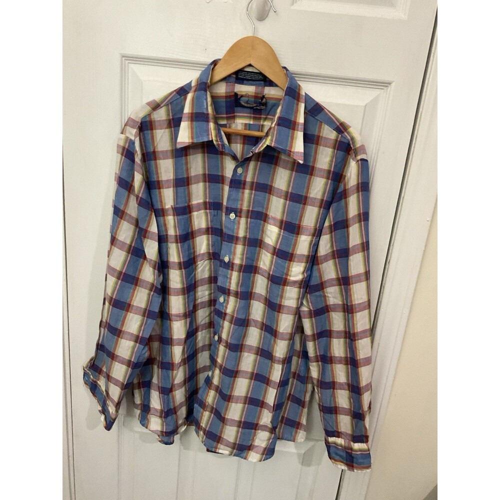 Vintage 1970's Thin Plaid Button Down Shirt / Men's X L / Western Striped